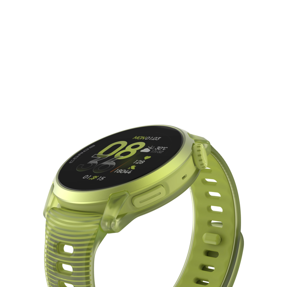 Up & Running Coros Pace 4 GPS sport watch in neon yellow with an AMOLED touchscreen and translucent silicone band