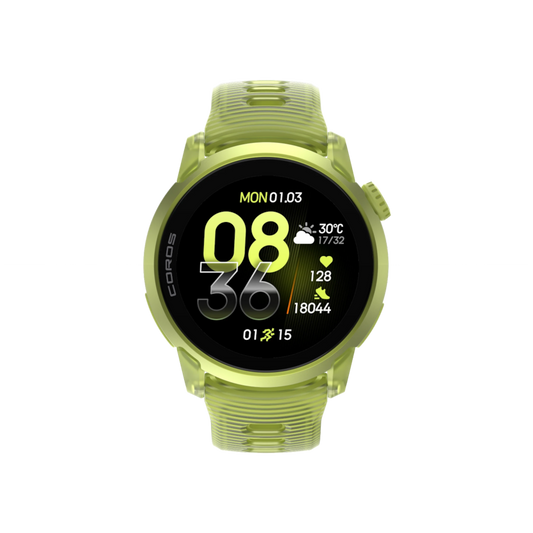 Up & Running Coros Pace 4 GPS sport watch in neon yellow with a vibrant AMOLED touchscreen display