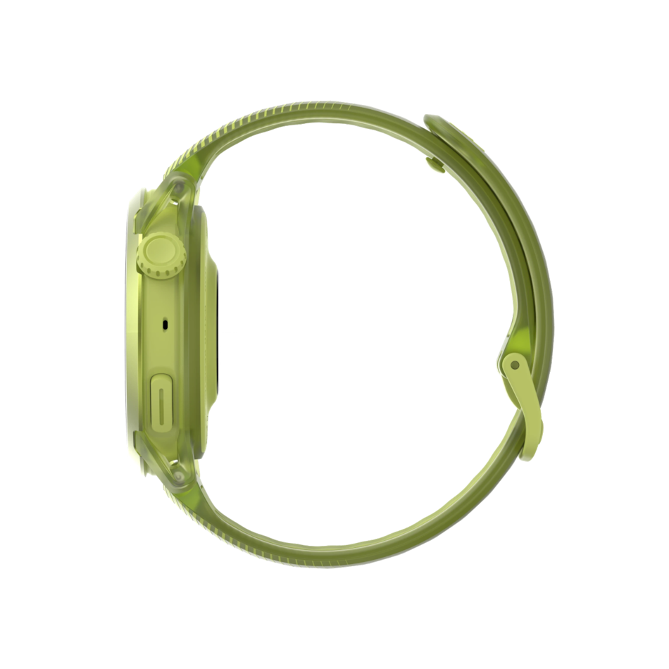 Up & Running Coros Pace 4 GPS sport watch in neon yellow with a side profile view of the lightweight silicone band.