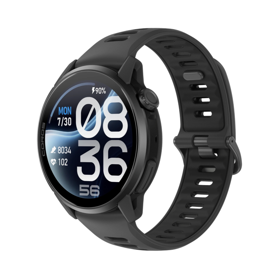 Up & Running Coros Pace 4 Pro GPS sport watch in black with a 1.47-inch AMOLED touchscreen and titanium bezel.