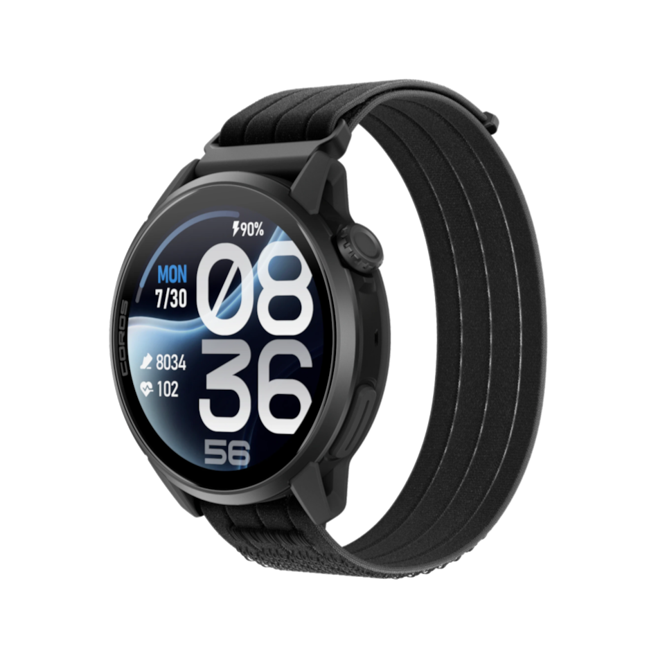 Up & Running Coros Pace 4 Pro GPS sport watch featuring a black nylon band and digital display on a black background