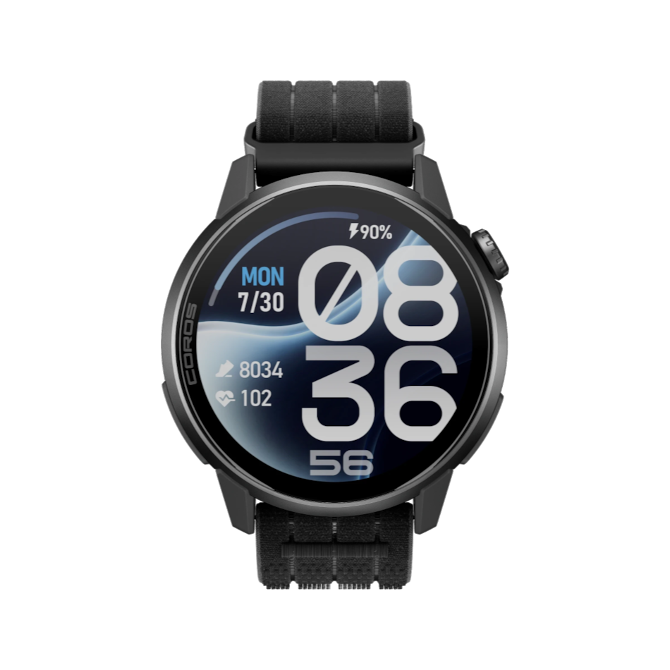 Up & Running Coros Pace 4 Pro GPS sport watch featuring a black nylon band and digital display on a black background