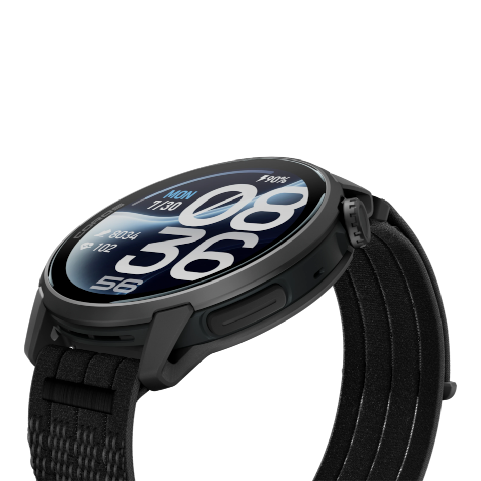 Up & Running Coros Pace 4 Pro GPS sport watch in black with a durable nylon strap, shown from a side angle.