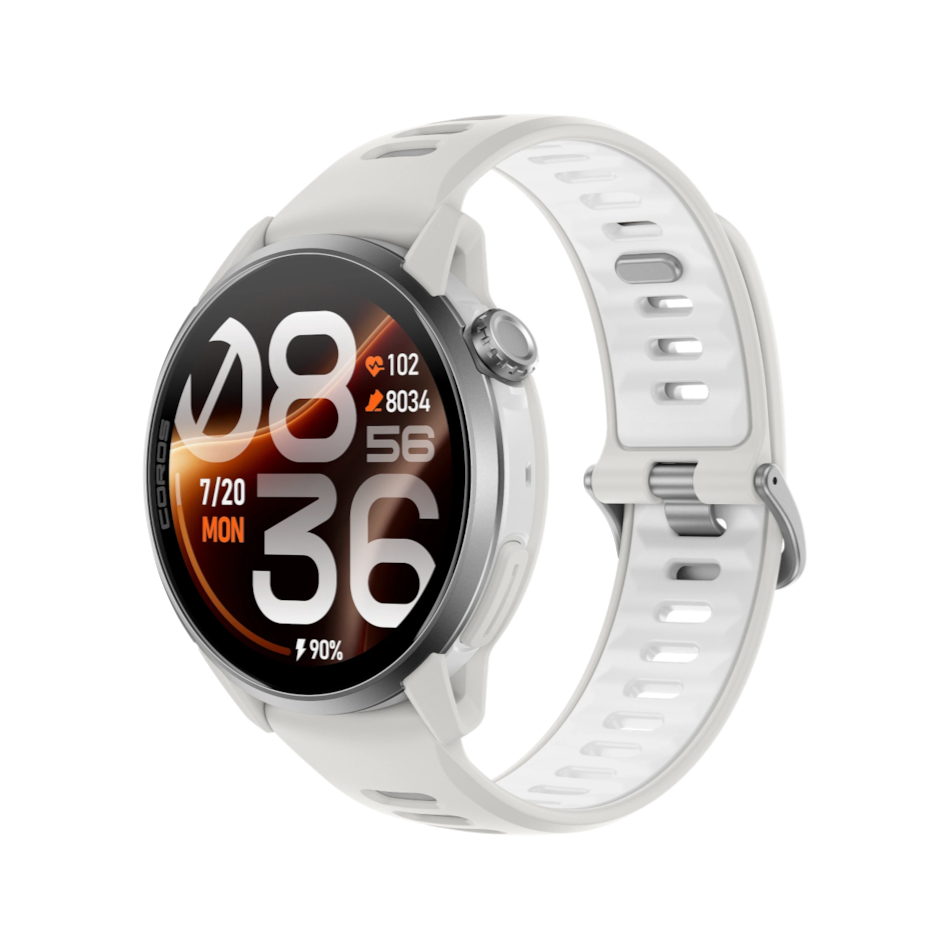 Up & Running Coros Pace 4 Pro GPS sport watch in white with a silicone strap and digital display on a black background