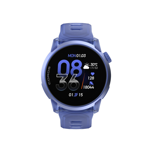 Up & Running Coros Pace 4 GPS sport watch in ultraviolet with a translucent case and digital AMOLED touchscreen face.