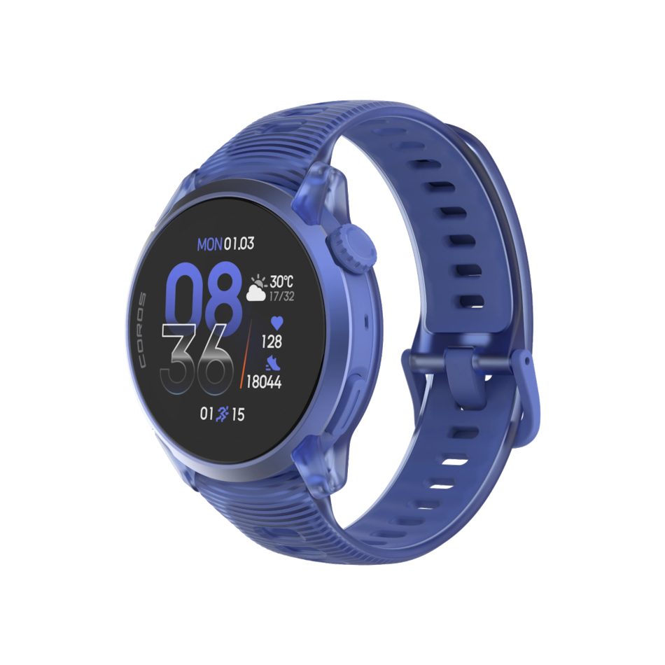 Up & Running Coros Pace 4 GPS sport watch in ultraviolet with a translucent lug design and AMOLED touchscreen display.