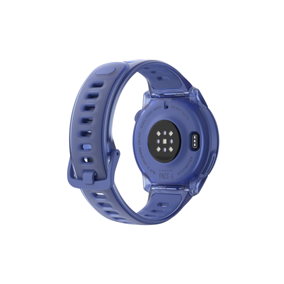 Up & Running Coros Pace 4 GPS sport watch in ultraviolet showing the back sensor and translucent silicone strap