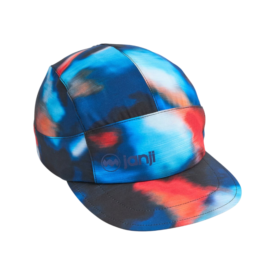 Up & Running Janji AFO Hyperlight running cap in a blue, red, and white abstract Riders On The Storm print