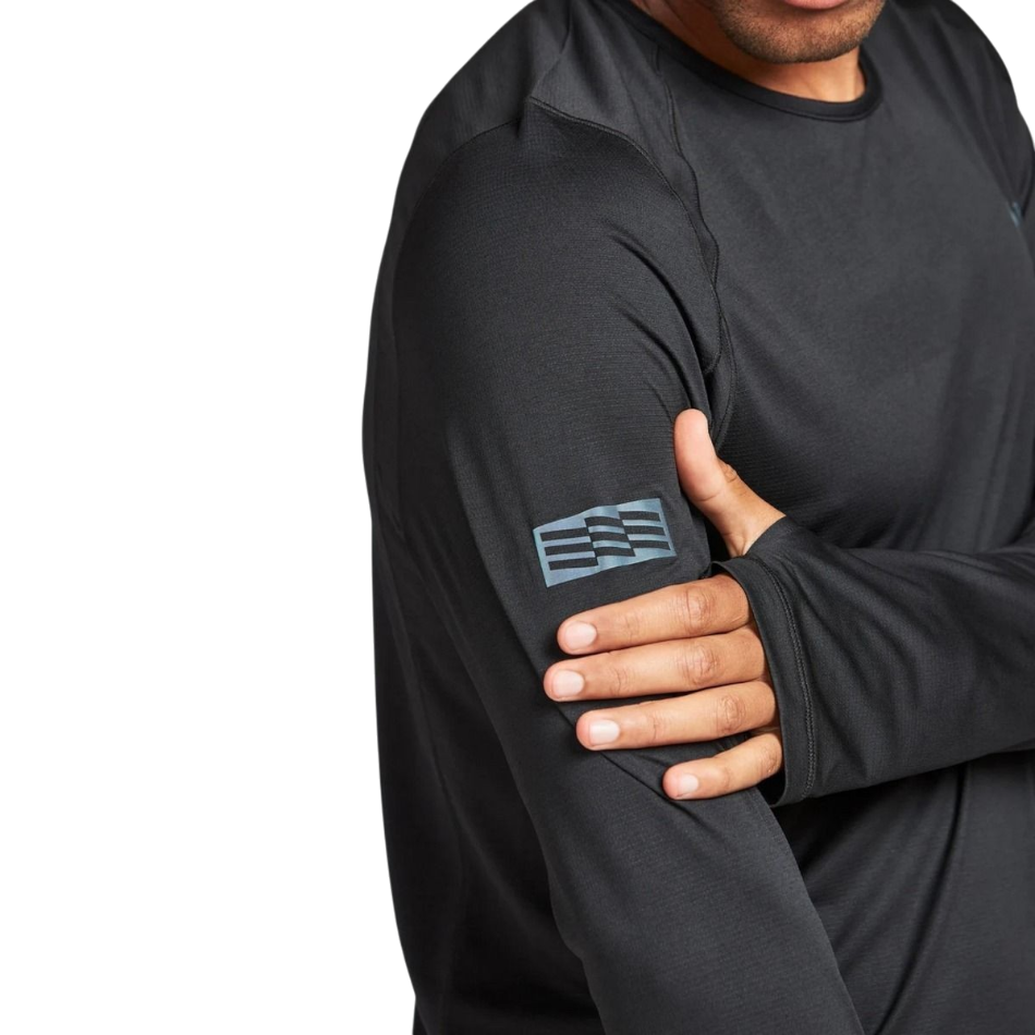 Up & Running Janji Men's Run All Day long sleeve shirt in midnight black with sleeve logo detail