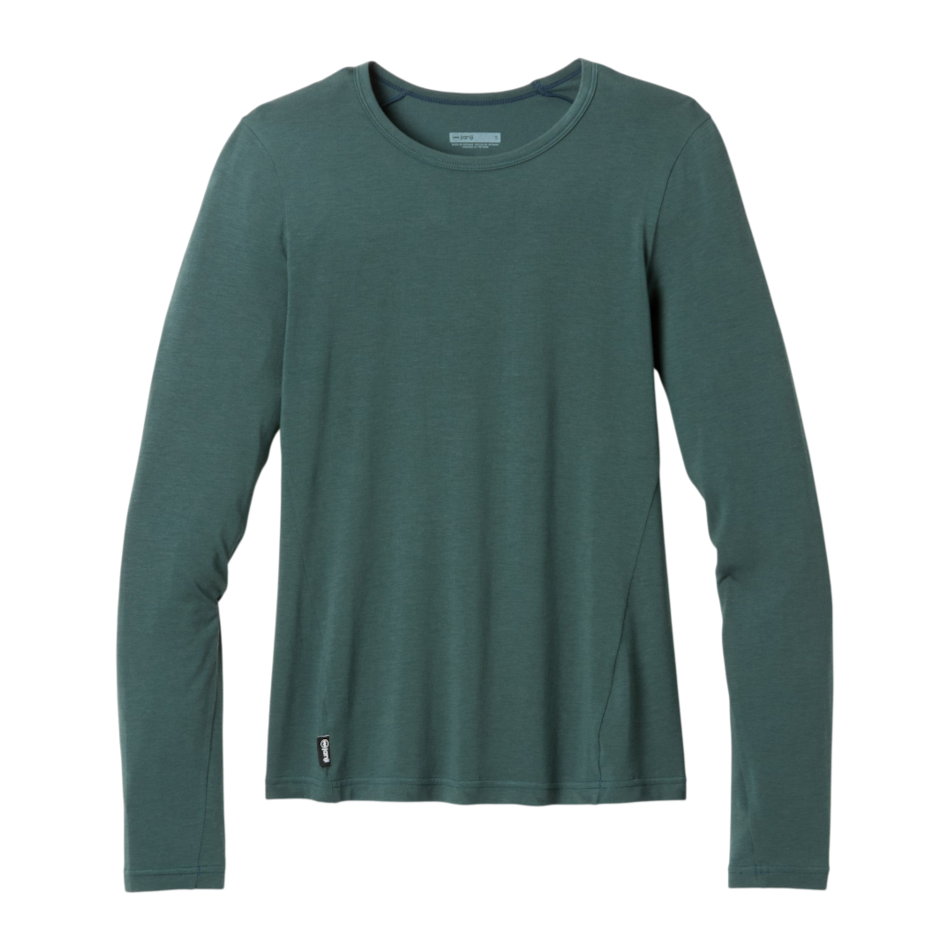 Up & Running Janji women's Circa Daily long sleeve running top in Atlantis green, featuring quick-drying fabric.