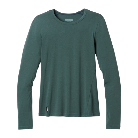 Up & Running Janji women's Circa Daily long sleeve running top in Atlantis green, featuring quick-drying fabric.