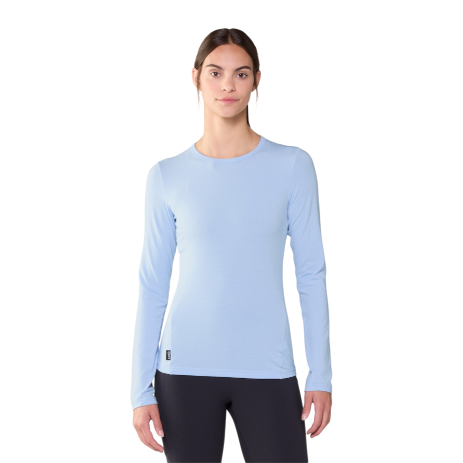 Up & Running Janji women's light blue long sleeve running shirt in quick-drying performance fabric
