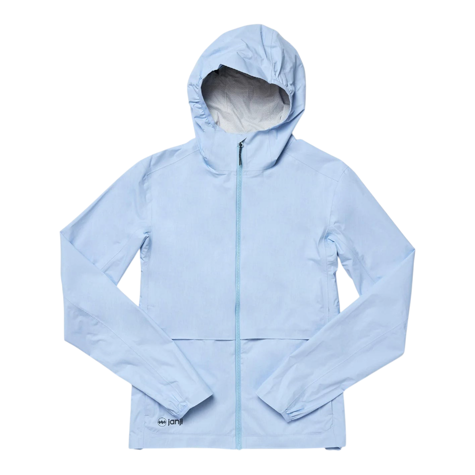 Up & Running Janji Women's Rainrunner Pack Jacket in light blue, featuring a hood and full-zip front for running.