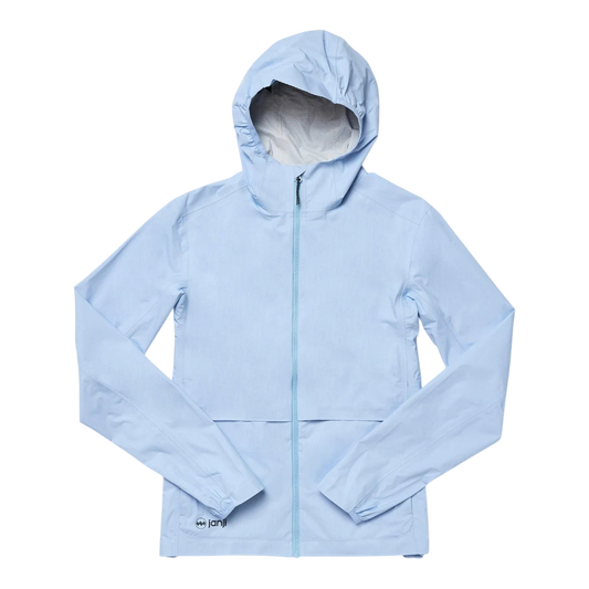 Up & Running Janji Women's Rainrunner Pack Jacket in light blue, featuring a hood and full-zip front for running.