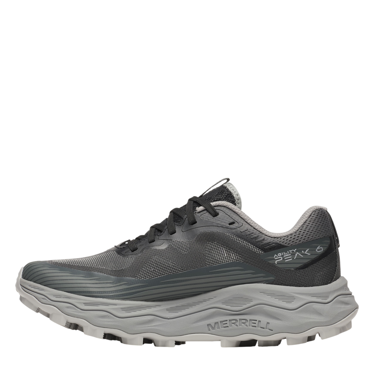 Up & Running Merrell Women's Agility Peak 6 trail running shoe in black with grey cushioned midsole