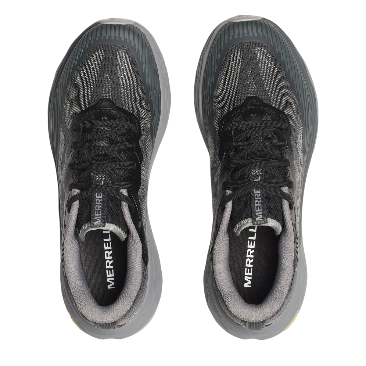 Up & Running Merrell Women's Peak Agility 6 running shoes in black, top-down view showing mesh and synthetic upper.