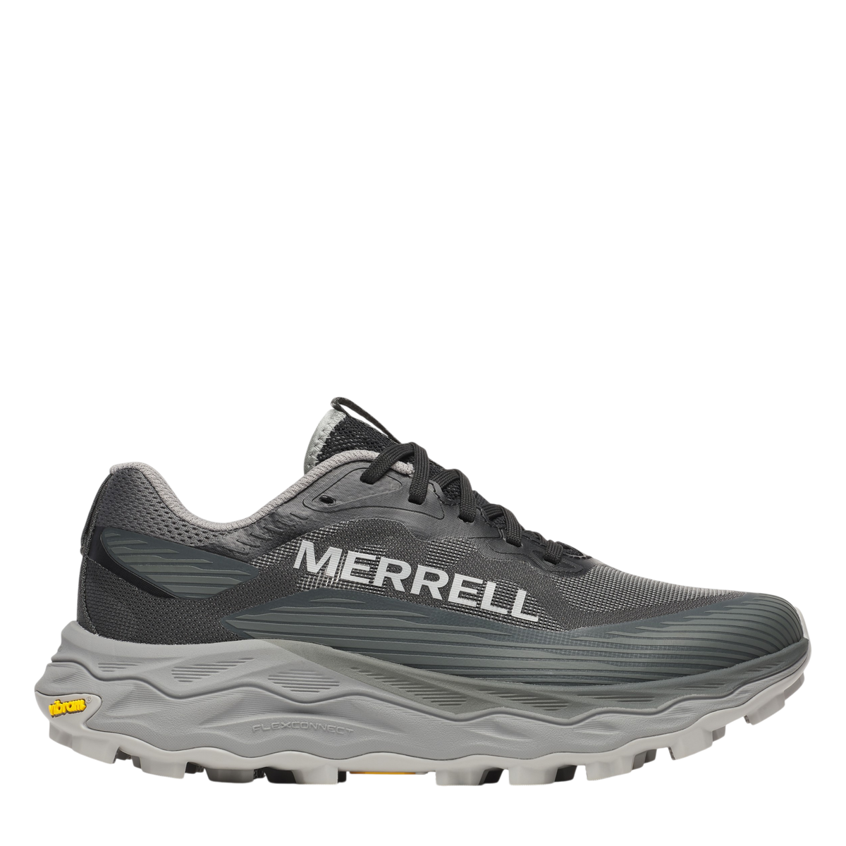 Up & Running Merrell Women's Peak Agility 6 trail running shoe in black with a thick grey Vibram sole.