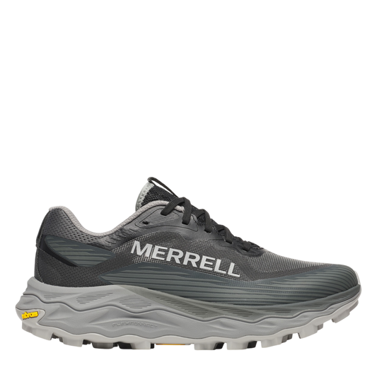 Up & Running Merrell Women's Peak Agility 6 trail running shoe in black with a thick grey Vibram sole.