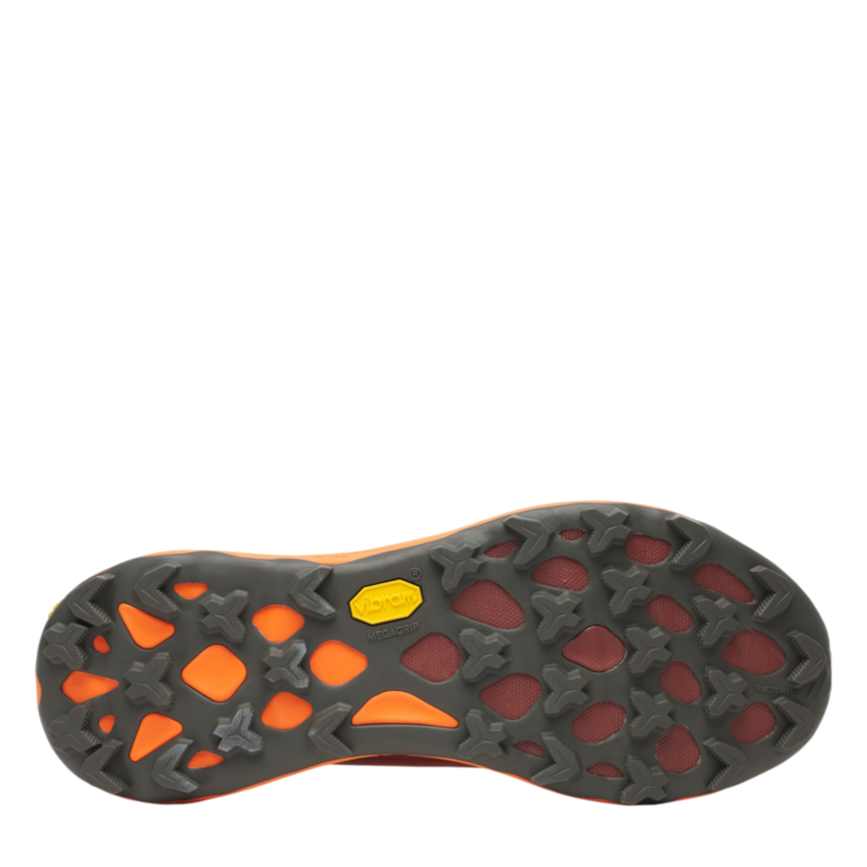 Up & Running Merrell Peak Agility 6 trail running shoe outsole with orange and grey Vibram Megagrip rubber lugs