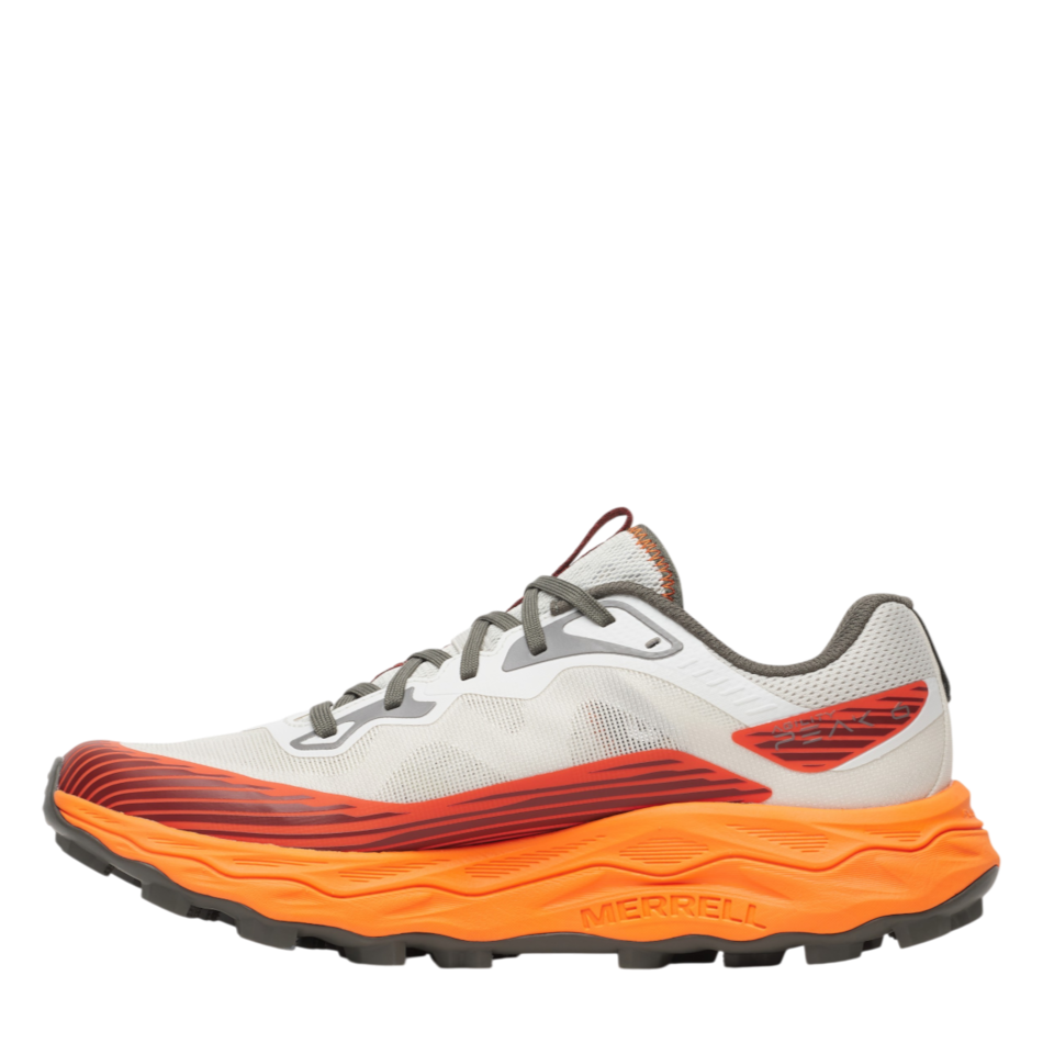 Up & Running Merrell Men's Peak Agility 6 trail running shoe in white and orange with a rugged grip sole