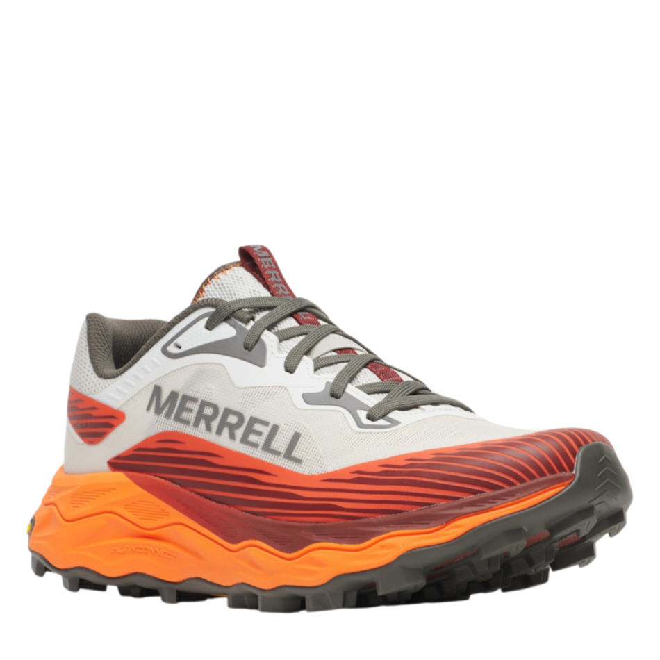 Up & Running Merrell Men's Peak Agility 6 trail running shoe in white and orange with a rugged Vibram outsole.
