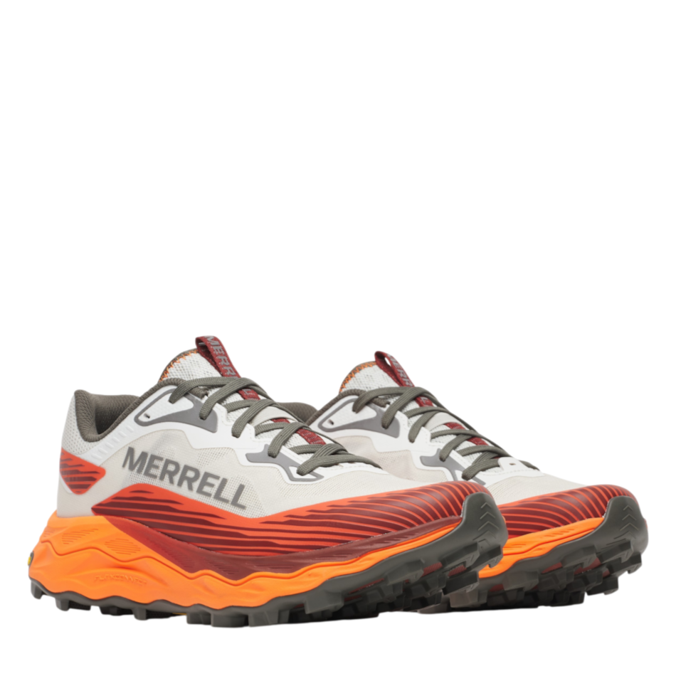 Up & Running Merrell Men's Peak Agility 6 trail running shoes in white, orange, and grey with a rugged outsole.