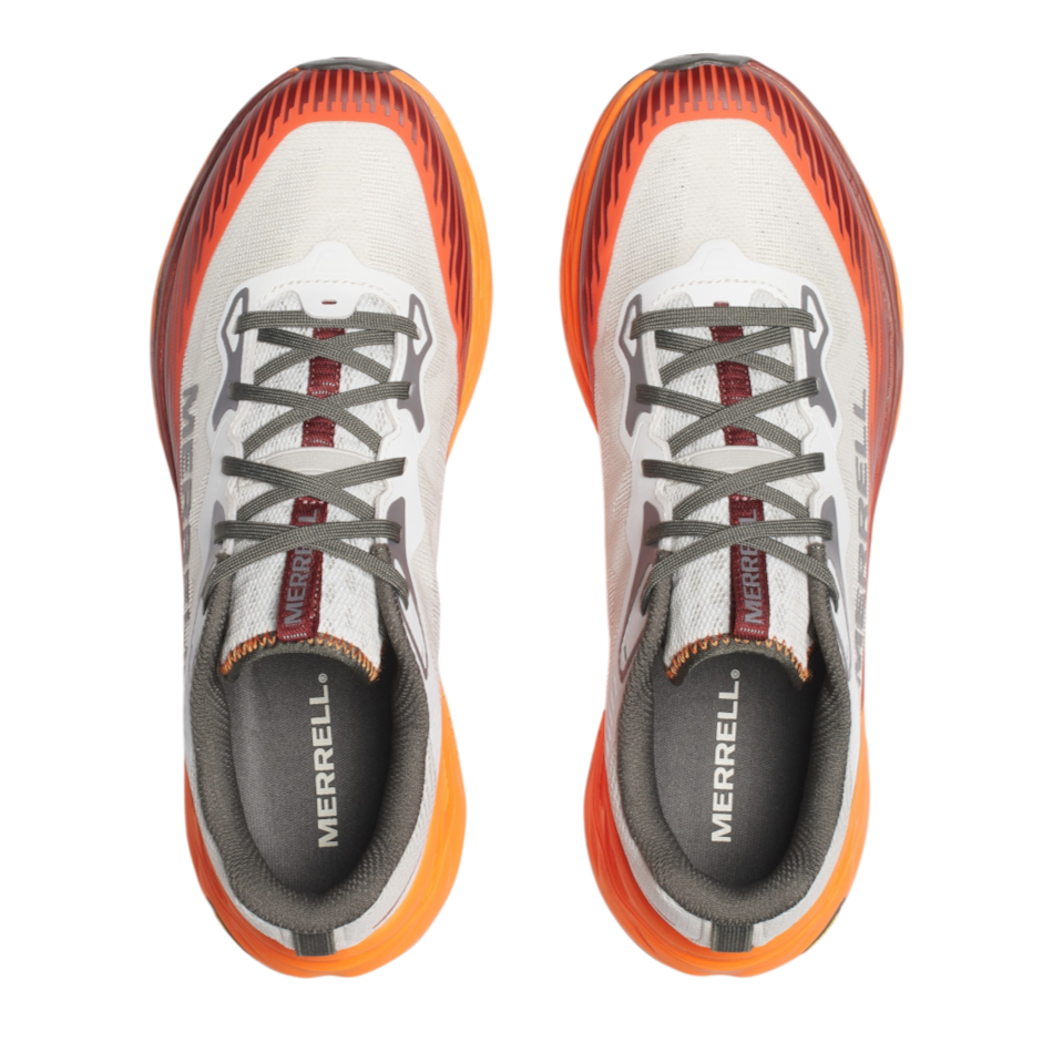 Up & Running Merrell Men's Peak Agility 6 trail running shoes in white and orange with grey laces, top-down view.