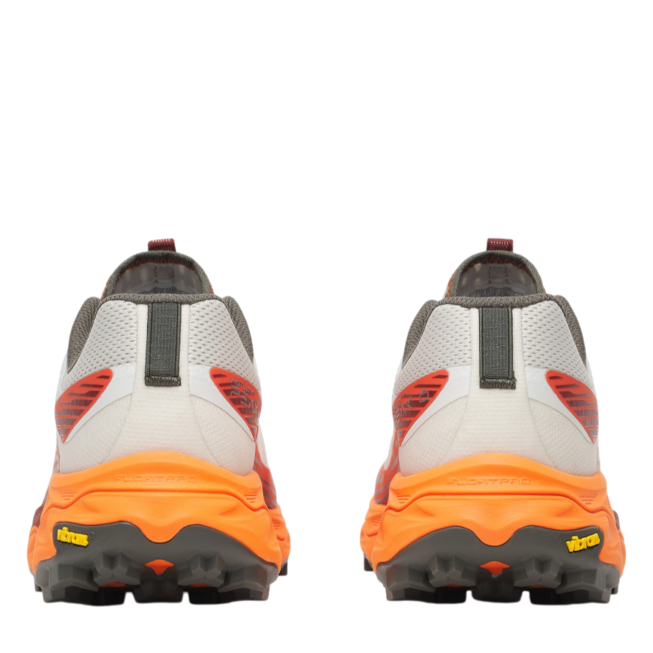 Up & Running Merrell Men's Peak Agility 6 trail running shoes in grey and orange with Vibram outsoles, rear view.