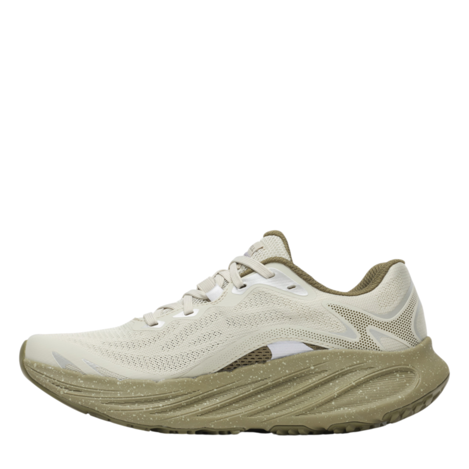 Up & Running Merrell ProMorph women's trail running shoe in light olive with a speckled cushioned midsole