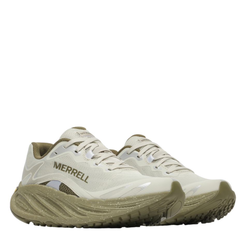 Up & Running Merrell ProMorph women's trail running shoes in light olive with a speckled FloatPro+ midsole