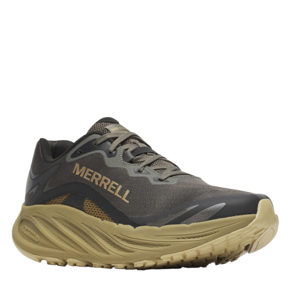 Up & Running Merrell Men's ProMorph trail running shoes in beluga olive green with a thick cushioned sole.
