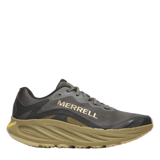 Up & Running Merrell Men's ProMorph trail running shoes in beluga olive green with a thick cushioned midsole.