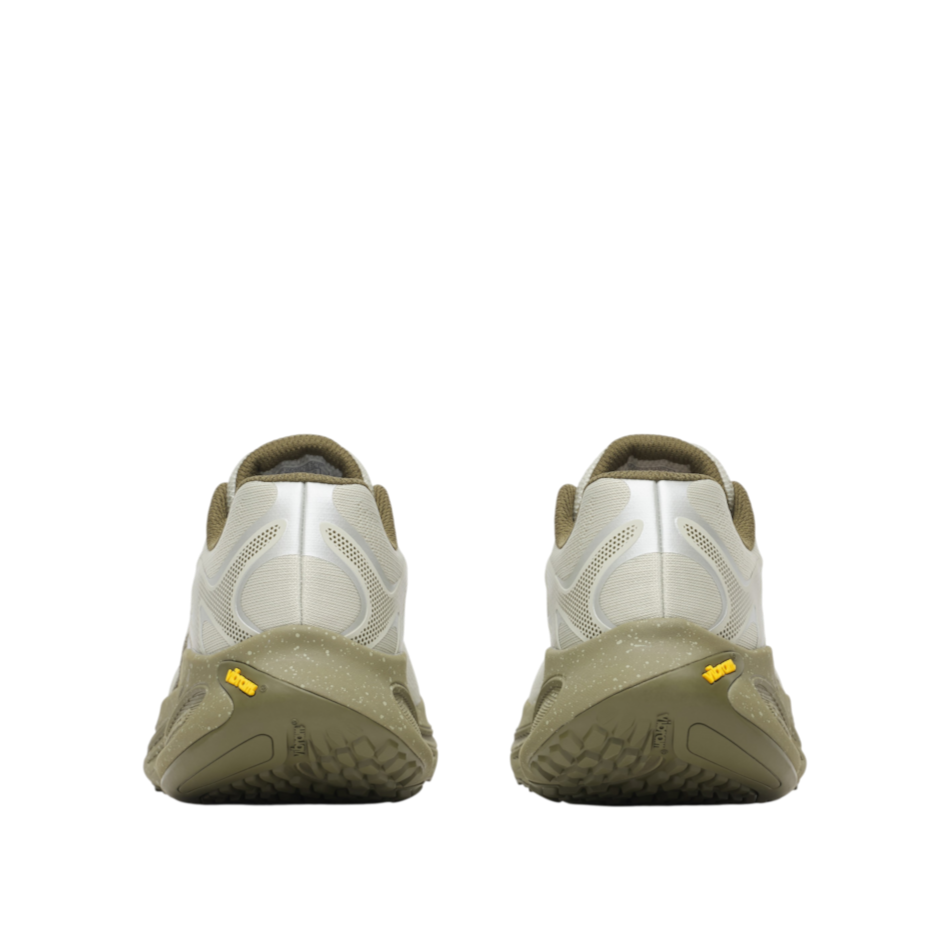 Rear view of Up & Running Merrell ProMorph trail running shoes in light olive with Vibram outsoles