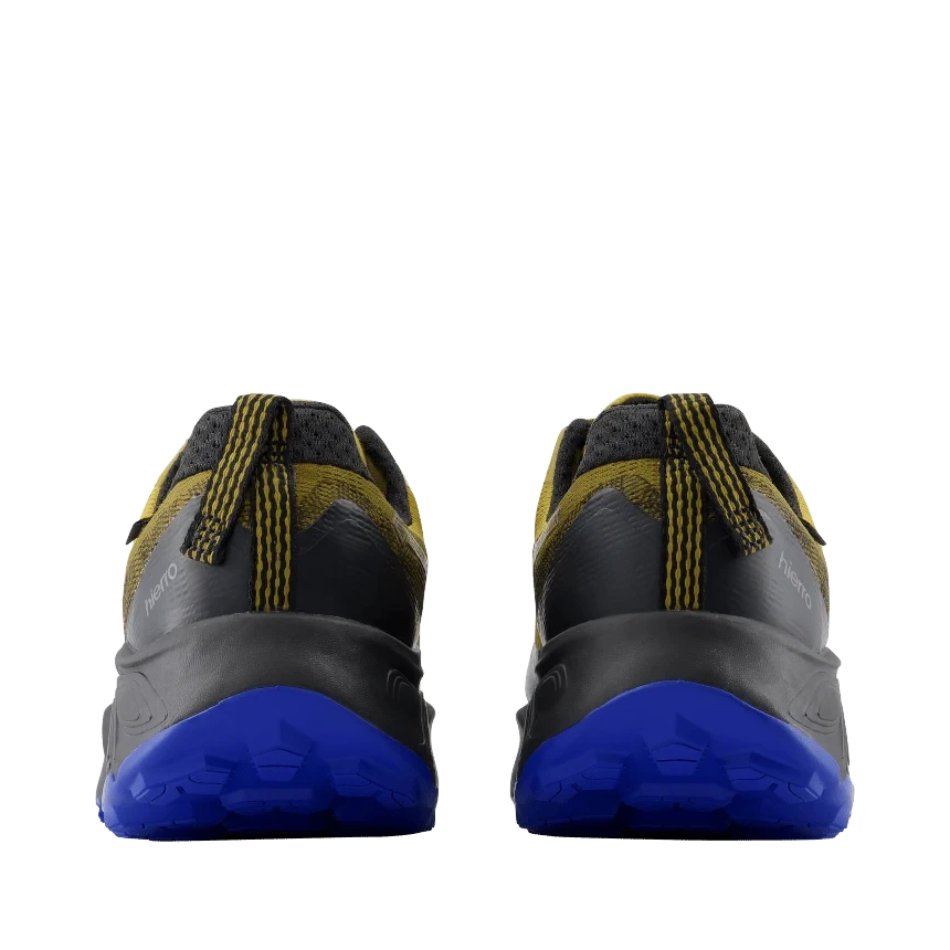 Up & Running New Balance Hierro v9 GORE-TEX trail running shoes in basil oil and black, rear view showing heel detail