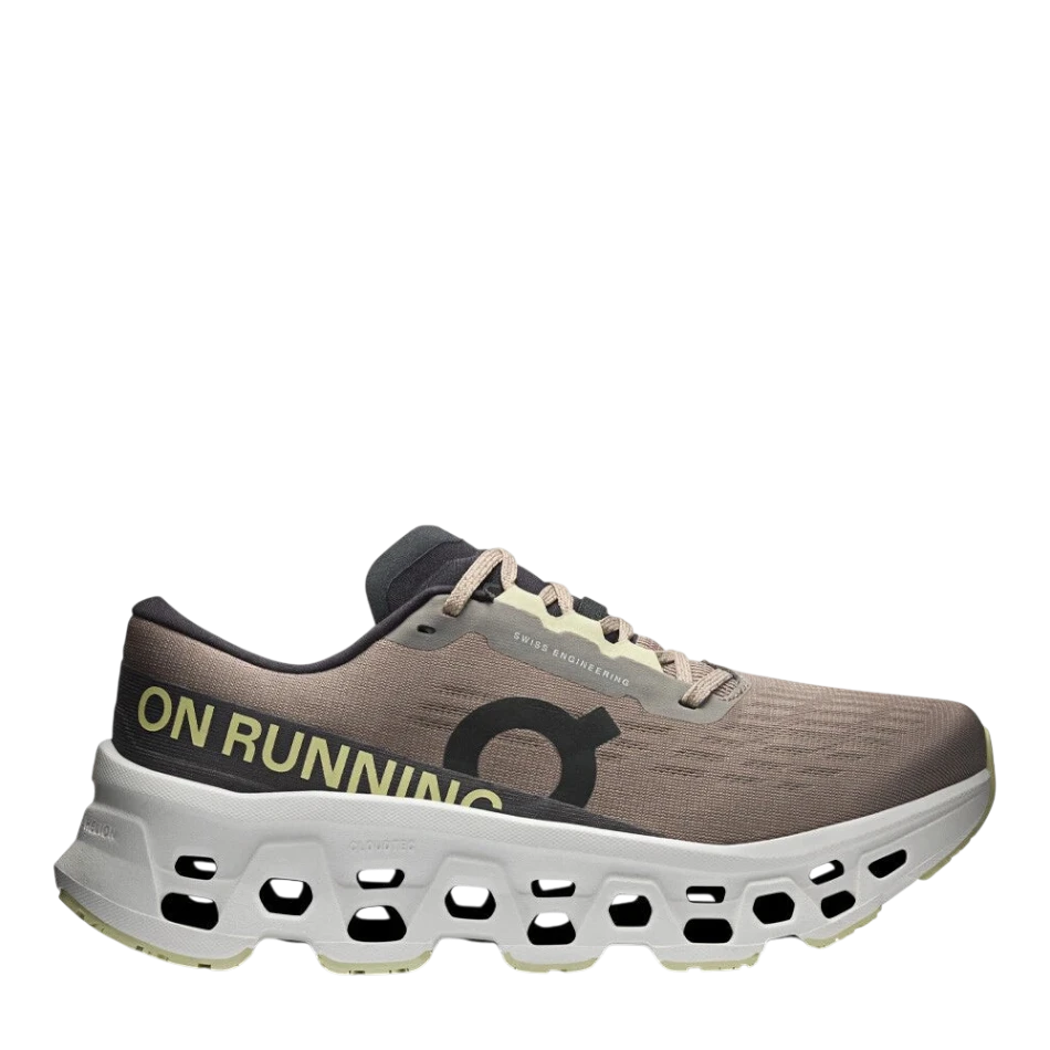Up & Running On Women's Cloudmonster 3 running shoes in cinder and ivory with triple-layered CloudTec cushioning.