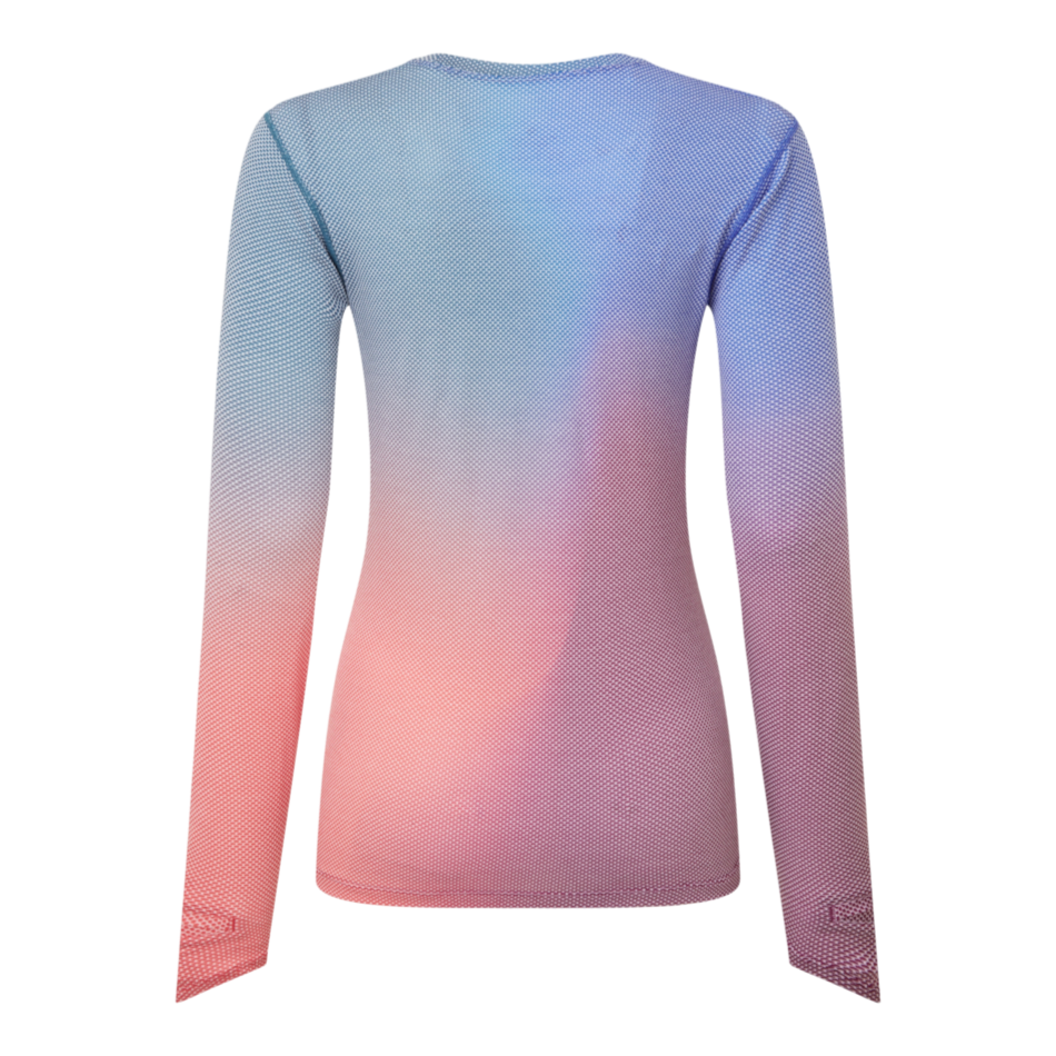 Up & Running Ronhill women's long-sleeved running tee in blue violet merge with Polartec cooling fabric, back view.