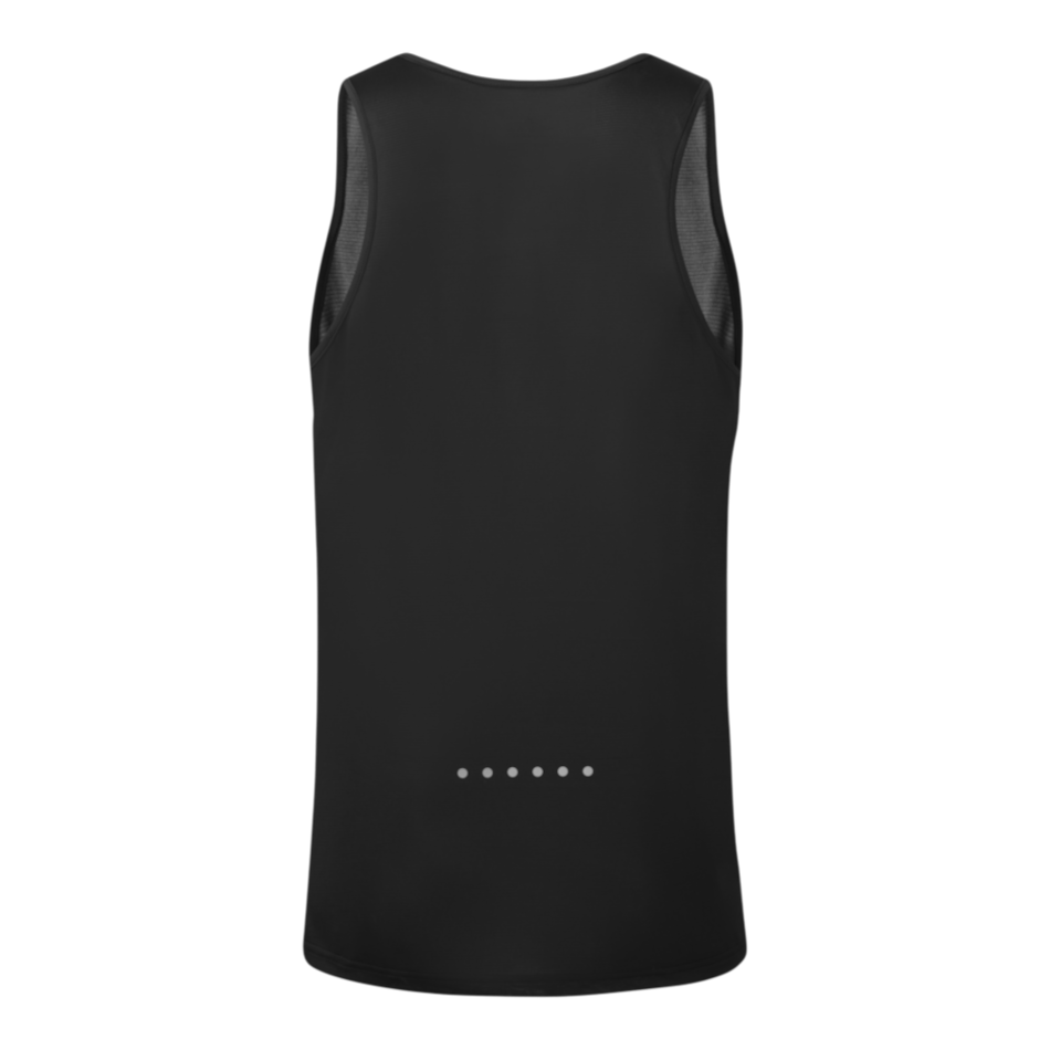 Up & Running Ronhill Men's Core Vest in black, featuring a breathable mesh back panel and reflective detailing.