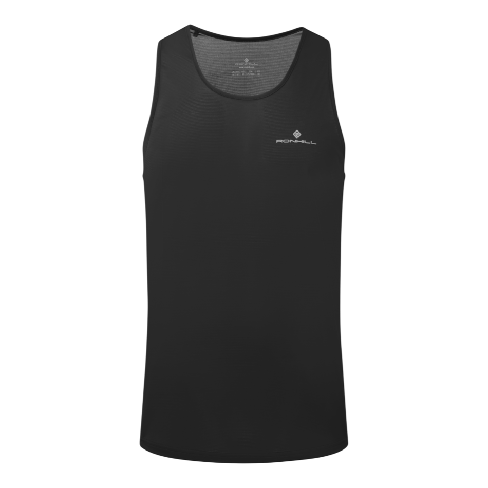 Up & Running Ronhill Men's Core Vest in black, a lightweight sleeveless running top with a breathable mesh back.