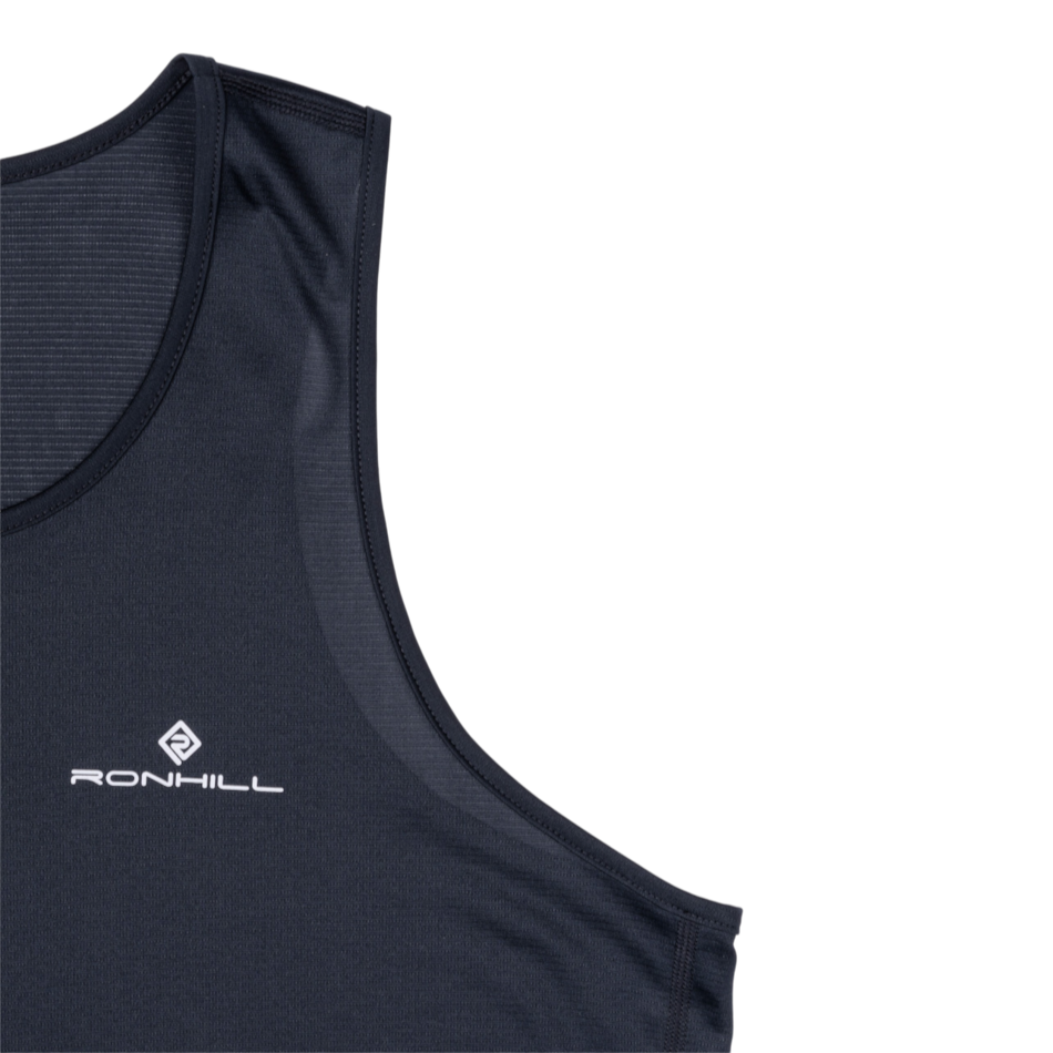Up & Running Ronhill Men's Core Vest in black with a breathable textured fabric and white logo detail.