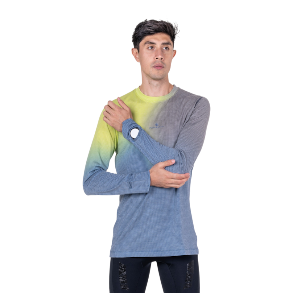 Up & Running Ronhill Men's Tech long-sleeved running tee in a glacier merge gradient of yellow, blue, and grey.