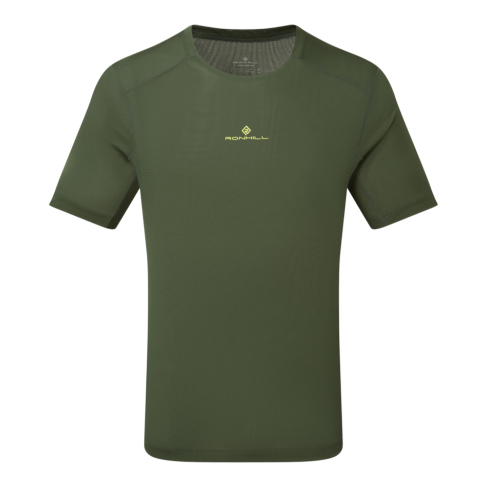 Up & Running Ronhill men's tech short-sleeved running tee in olive green with yellow logo detail