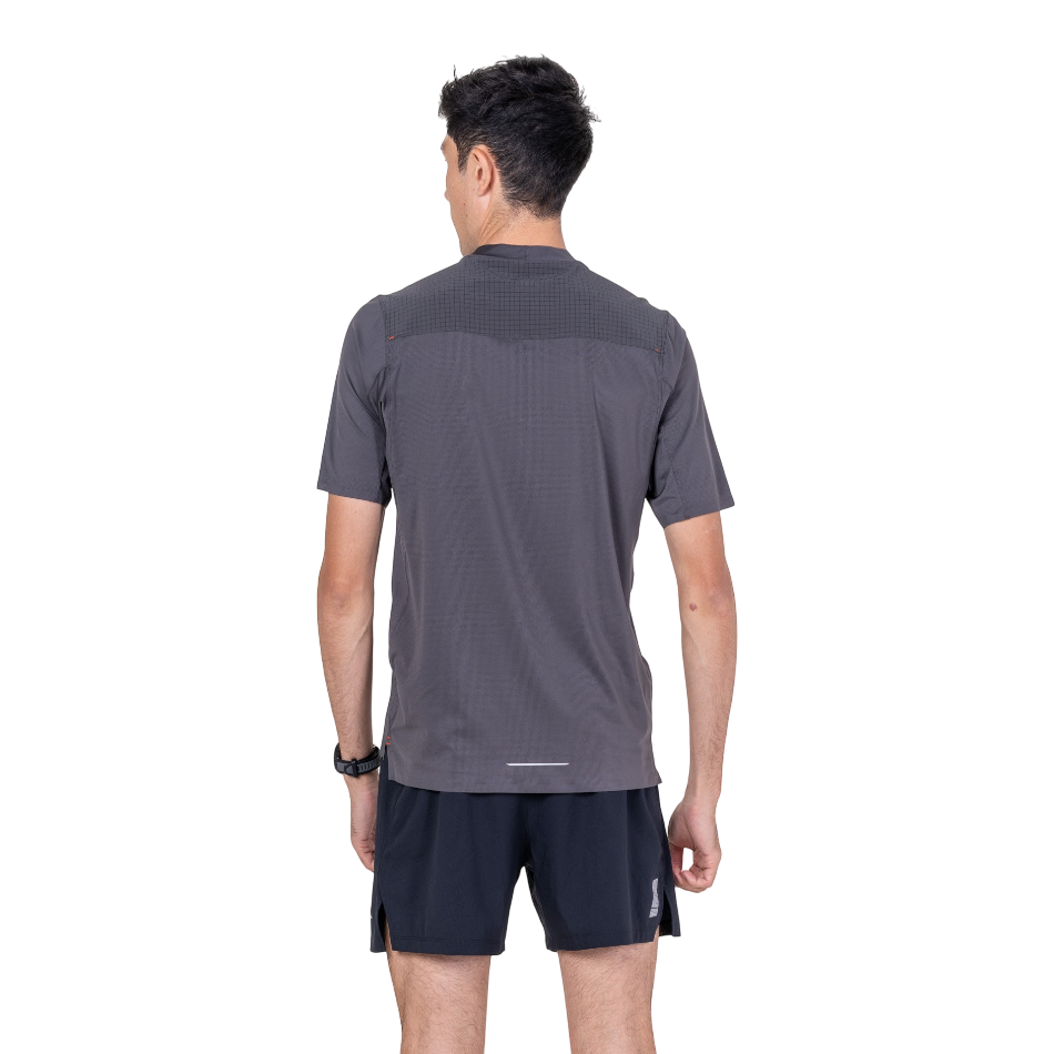 Up & Running Ronhill men's oxide grey technical running t-shirt, back view showing breathable fabric and raised neck.