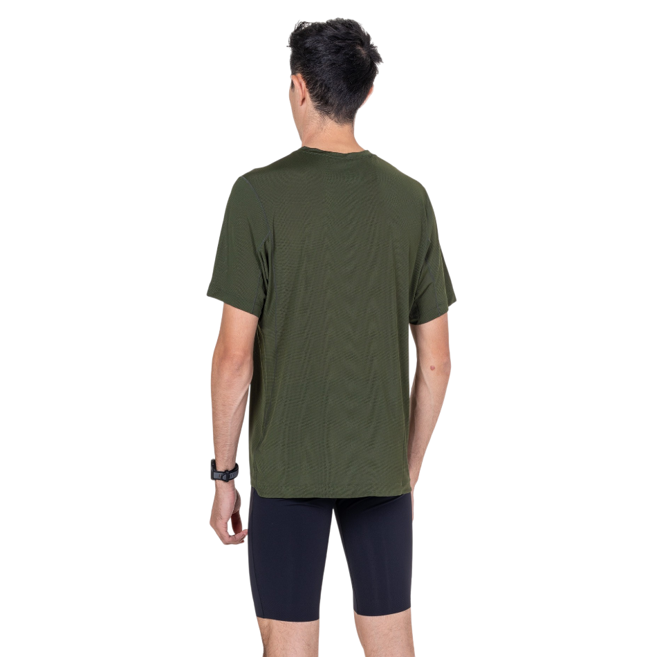 Back view of a man wearing a dark olive green Up & Running Ronhill Tech short sleeved running t-shirt