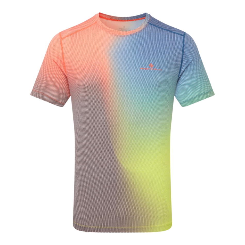 Up & Running Ronhill men's tech running t-shirt featuring a vibrant red, blue, and yellow gradient pattern.