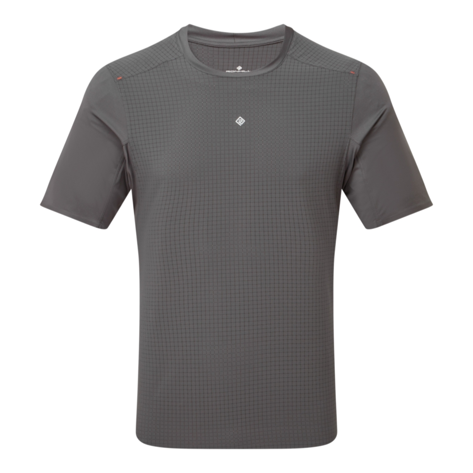 Up & Running Ronhill Tech All-Terrain short sleeved running tee in oxide grey with a grid pattern and raised neckline.
