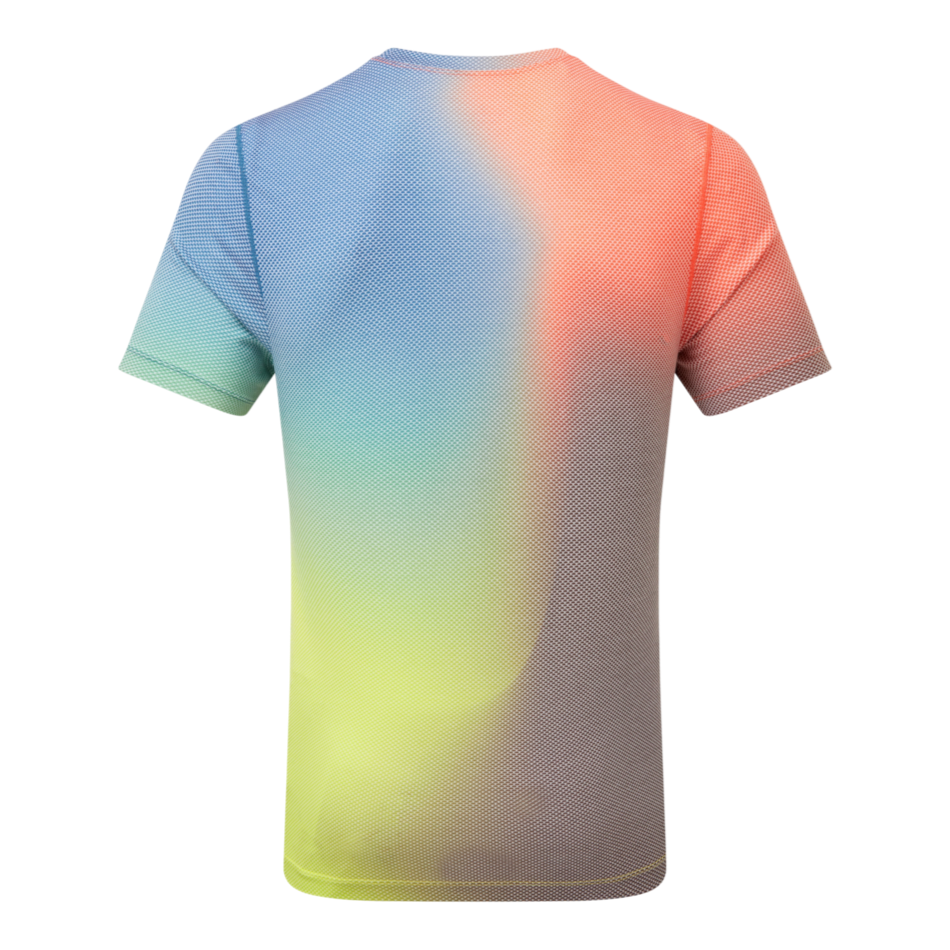 Up & Running Ronhill men's tech short-sleeved running t-shirt featuring a vibrant multi-colour gradient pattern.