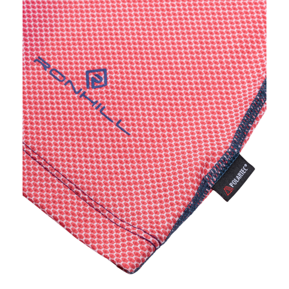 Up & Running Ronhill Tech long sleeved tee fabric detail featuring Polartec Delta cooling knit in red and blue