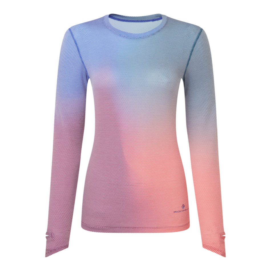 Up & Running Ronhill women's long-sleeved running tee in blue and violet gradient Polartec Delta cooling fabric