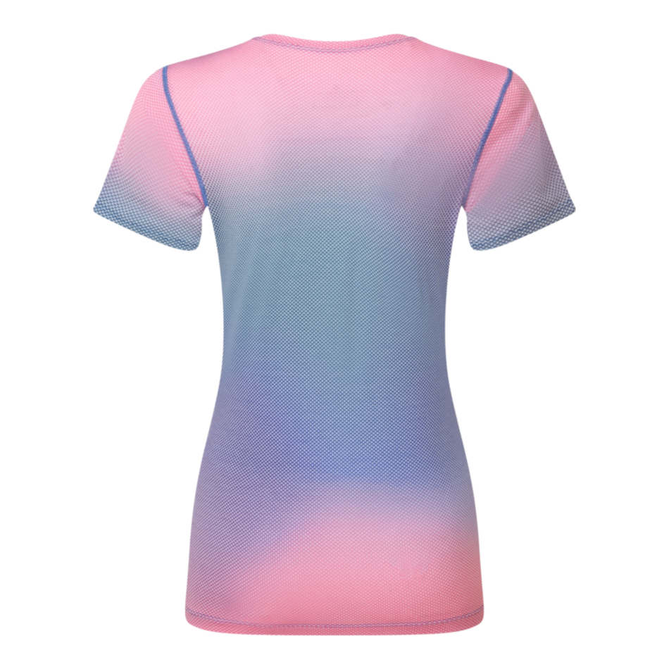 Up & Running Ronhill women's running tee in orchid glow ombre with Polartec Delta cooling fabric, back view.
