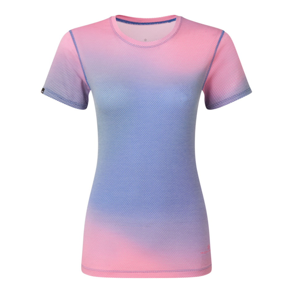 Up & Running Ronhill women's short-sleeved running tee in orchid glow pink and blue gradient Polartec cooling fabric.